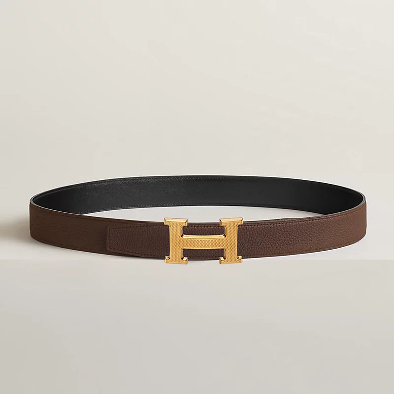 H Guillochee Belt Buckle & Reversible Leather Strap 32 MM