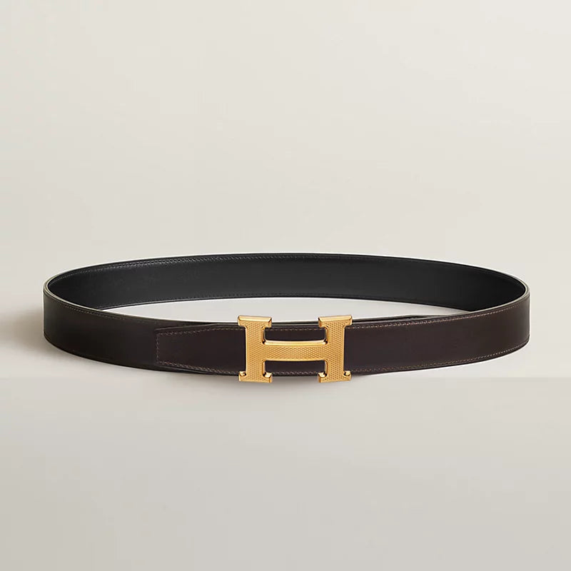 H Guillochee Belt Buckle & Reversible Leather Strap 32 MM