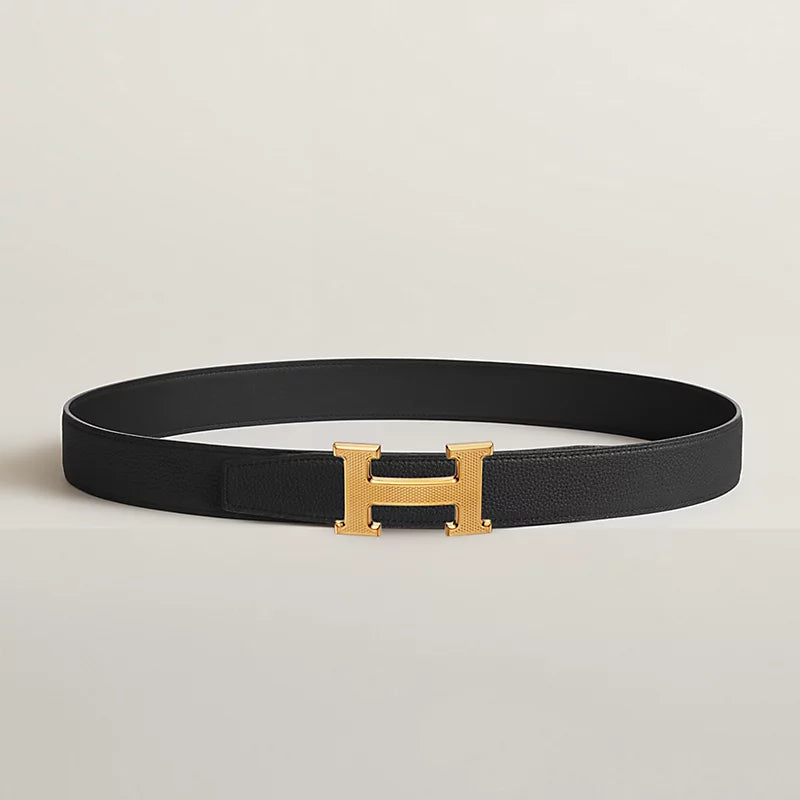 H Guillochee Belt Buckle & Reversible Leather Strap 32 MM