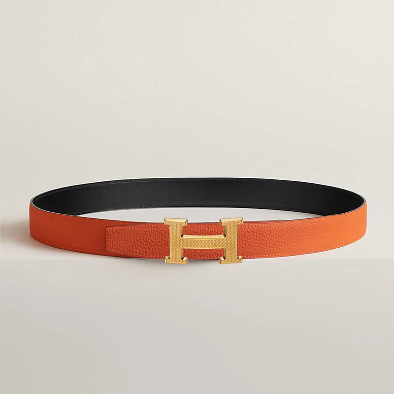 H Guillochee Belt Buckle & Reversible Leather Strap 32 MM