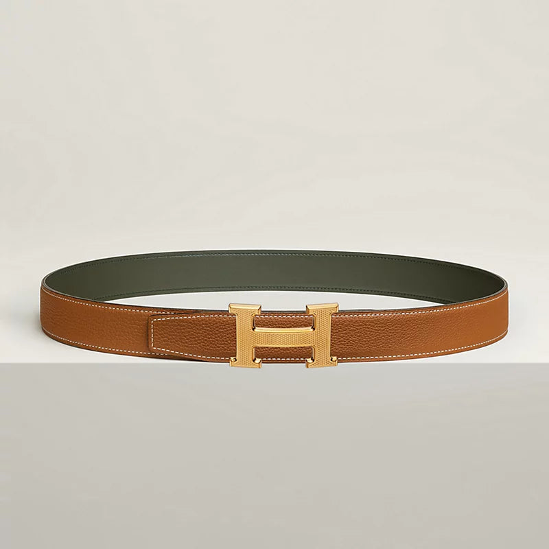 H Guillochee Belt Buckle & Reversible Leather Strap 32 MM