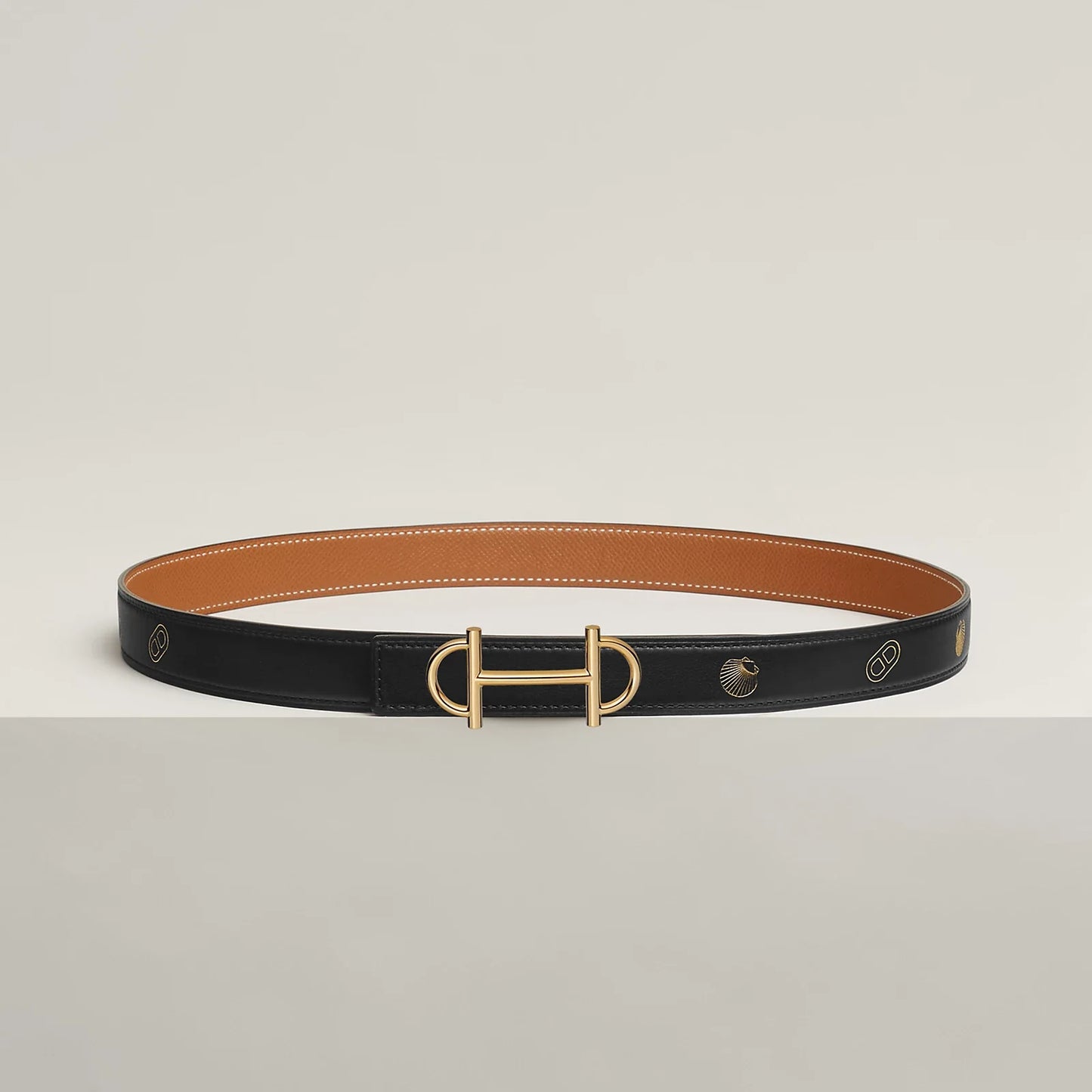 NOIR / GOLD-HAVANE / MAUVE PÂLE  GAMMA BELT BUCKLE & REVERSIBLE LEATHER STRAP 24 MM