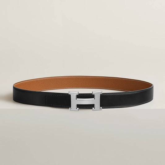 NOIR / GOLD-BLEU MARINE / ÉCORCE H BELT BUCKLE & REVERSIBLE LEATHER STRAP 32 MM