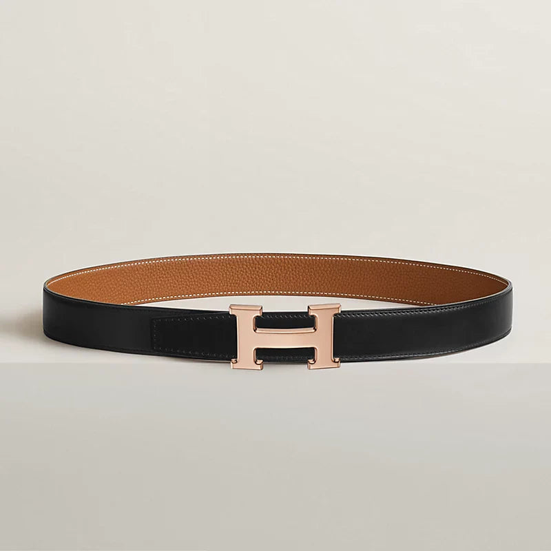 Noir / Gold - Bleu Marine / Écorce H Belt Buckle & Reversible Leather Strap 32 Mm