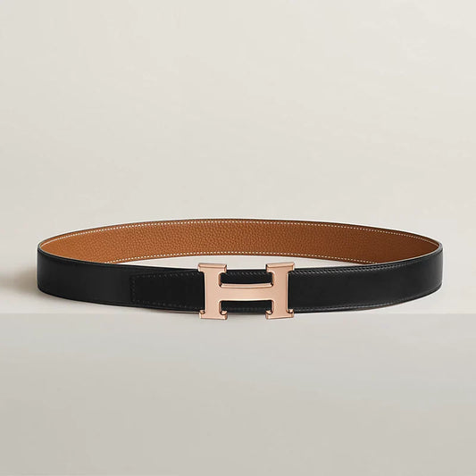 Noir / Gold - Bleu Marine / Écorce H Belt Buckle & Reversible Leather Strap 32 Mm