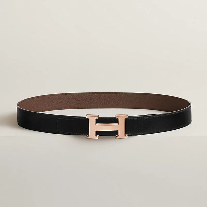 Noir / Gold - Bleu Marine / Écorce H Belt Buckle & Reversible Leather Strap 32 Mm
