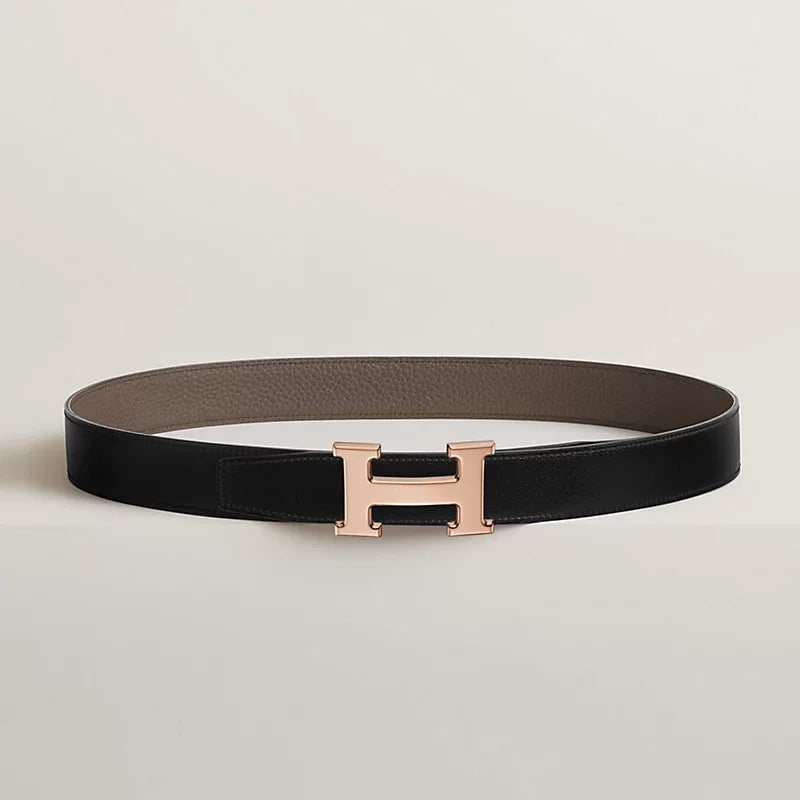 Noir / Gold - Bleu Marine / Écorce H Belt Buckle & Reversible Leather Strap 32 Mm