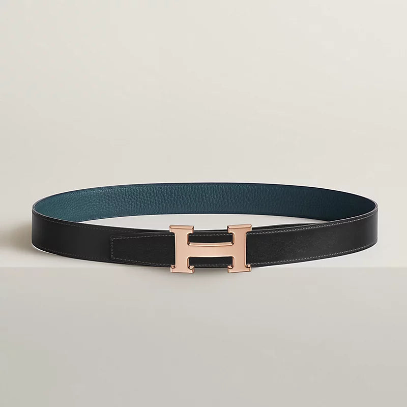Noir / Gold - Bleu Marine / Écorce H Belt Buckle & Reversible Leather Strap 32 Mm