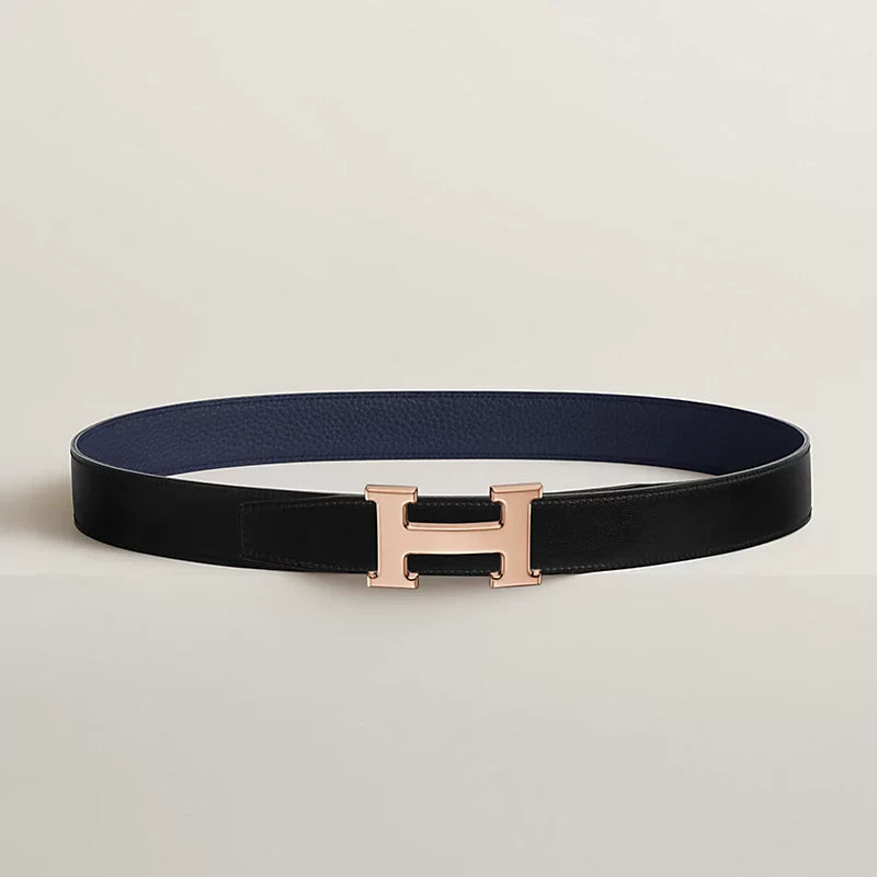 Noir / Gold - Bleu Marine / Écorce H Belt Buckle & Reversible Leather Strap 32 Mm