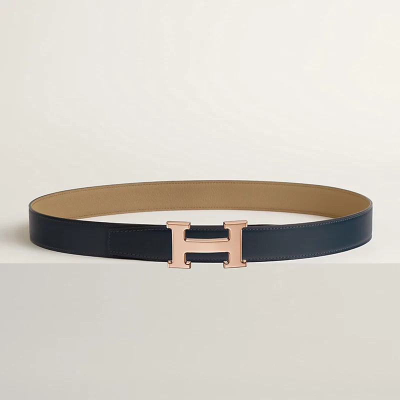 Noir / Gold - Bleu Marine / Écorce H Belt Buckle & Reversible Leather Strap 32 Mm