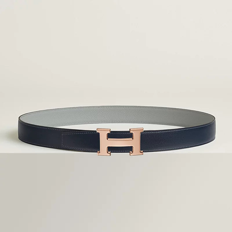 Noir / Gold - Bleu Marine / Écorce H Belt Buckle & Reversible Leather Strap 32 Mm