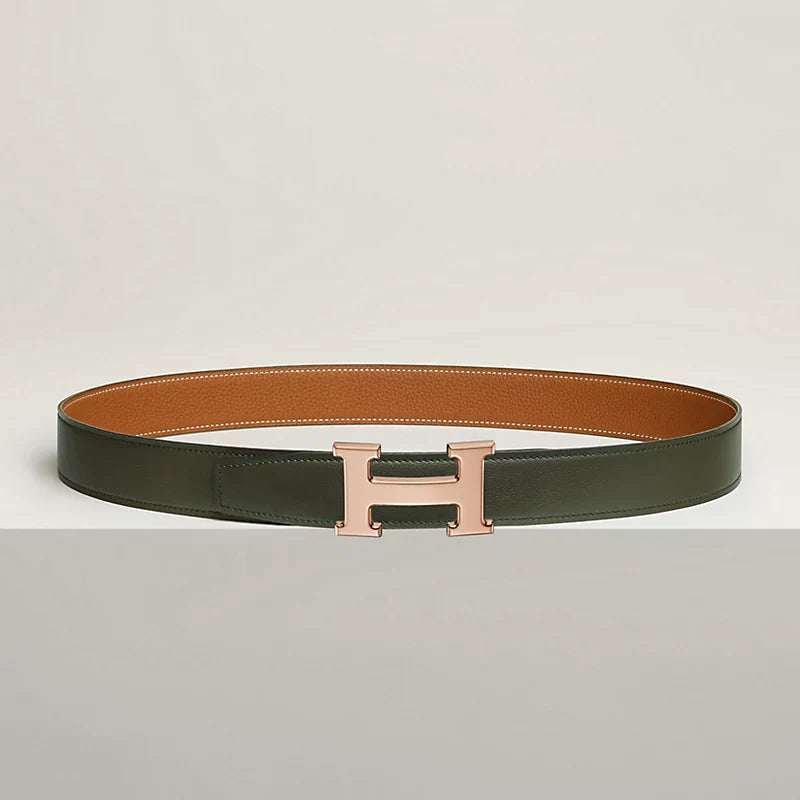 VERT-DE-GRIS / GOLD - NOIR / ÉBÈNE  H BELT BUCKLE & REVERSIBLE LEATHER STRAP 32 MM