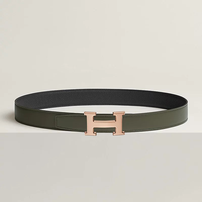 VERT-DE-GRIS / GOLD - NOIR / ÉBÈNE  H BELT BUCKLE & REVERSIBLE LEATHER STRAP 32 MM