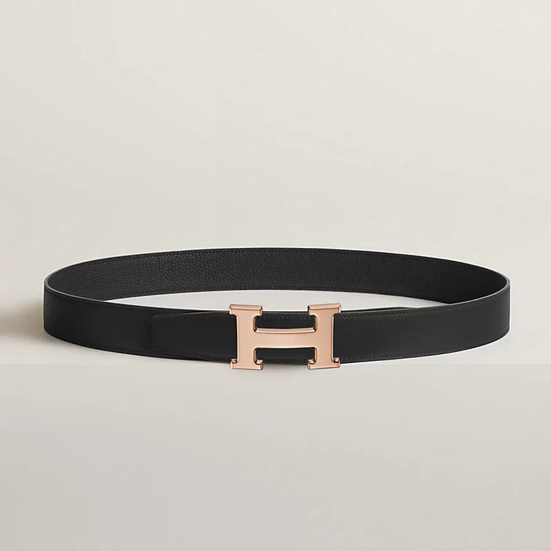 VERT-DE-GRIS / GOLD - NOIR / ÉBÈNE  H BELT BUCKLE & REVERSIBLE LEATHER STRAP 32 MM