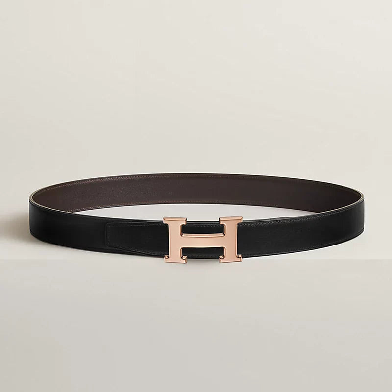 VERT-DE-GRIS / GOLD - NOIR / ÉBÈNE  H BELT BUCKLE & REVERSIBLE LEATHER STRAP 32 MM