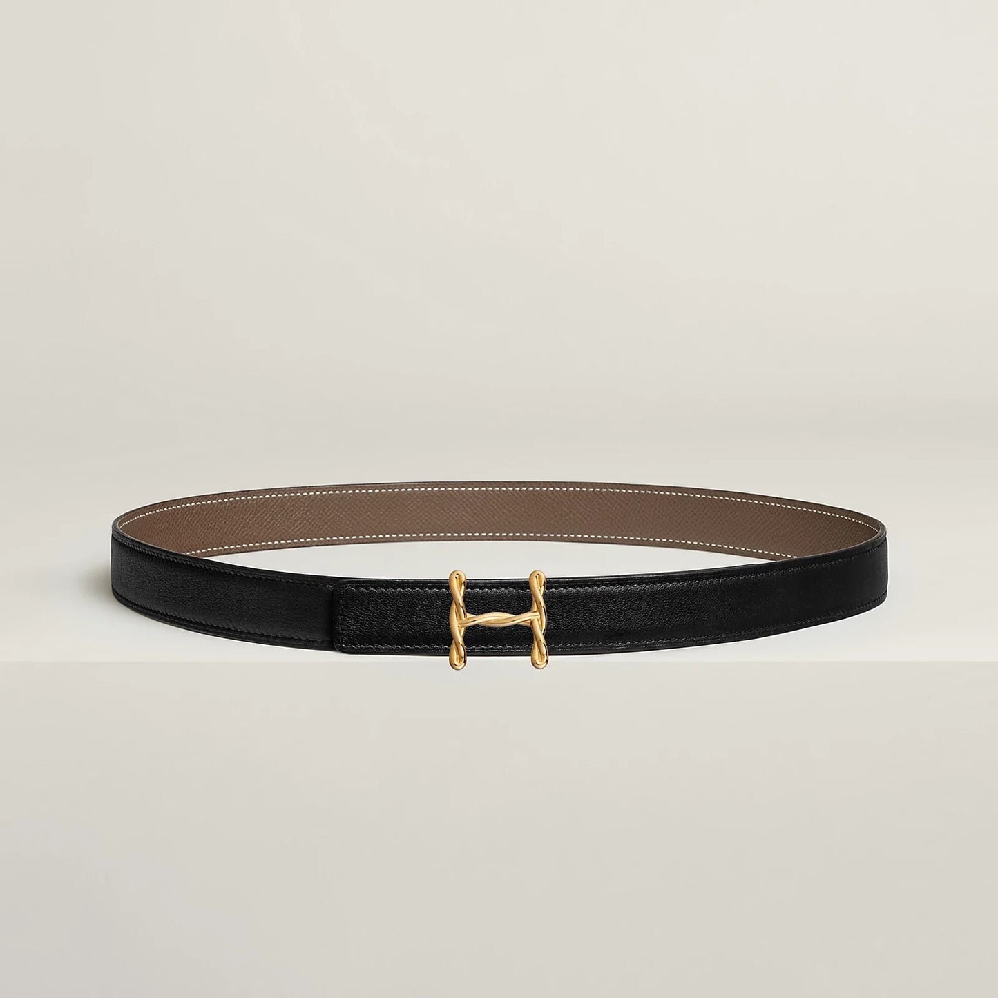 NOIR / GOLD- HAVANE / MAUVE PÂLE  H TORSADE BELT BUCKLE & REVERSIBLE LEATHER STRAP 24 MM