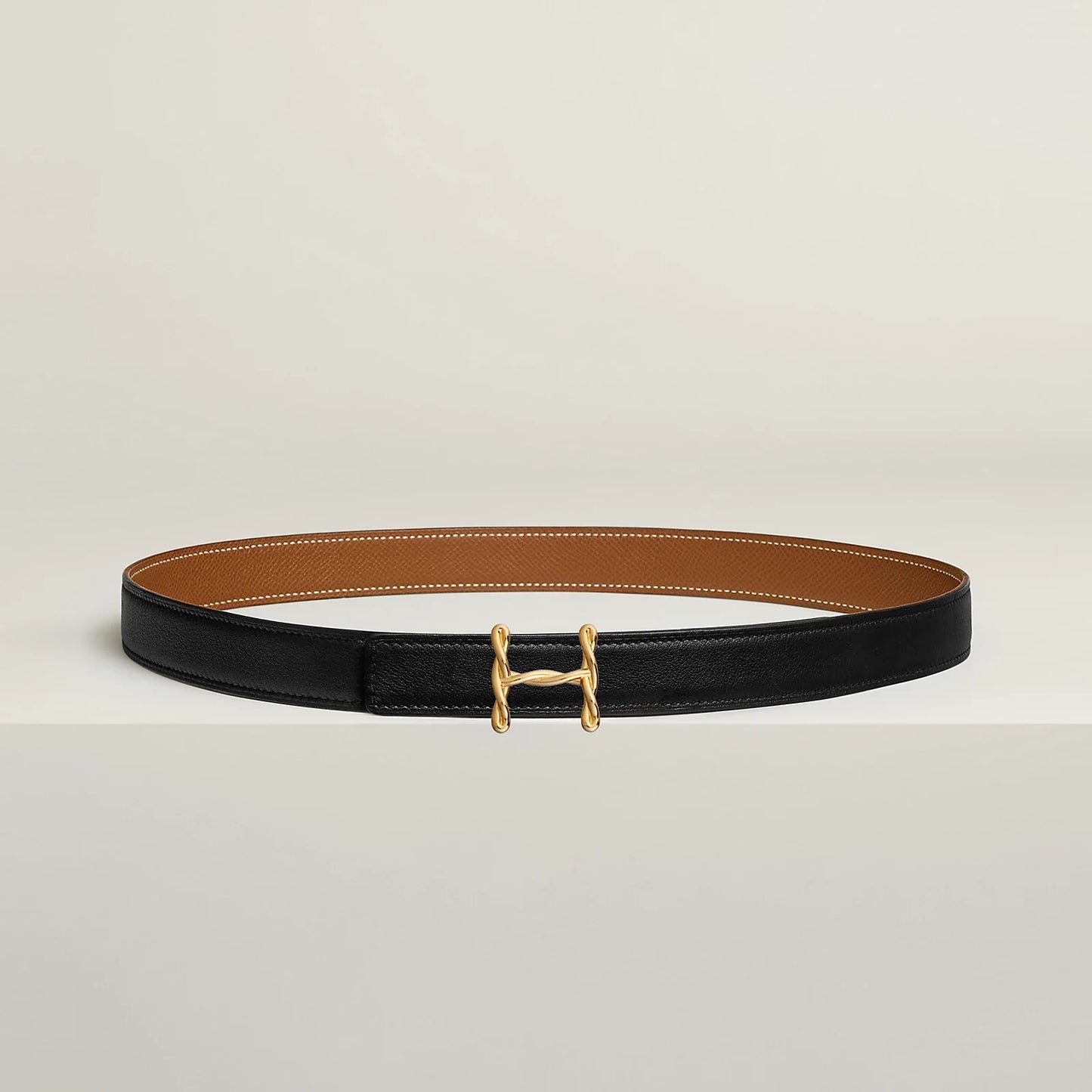 NOIR / GOLD- HAVANE / MAUVE PÂLE  H TORSADE BELT BUCKLE & REVERSIBLE LEATHER STRAP 24 MM