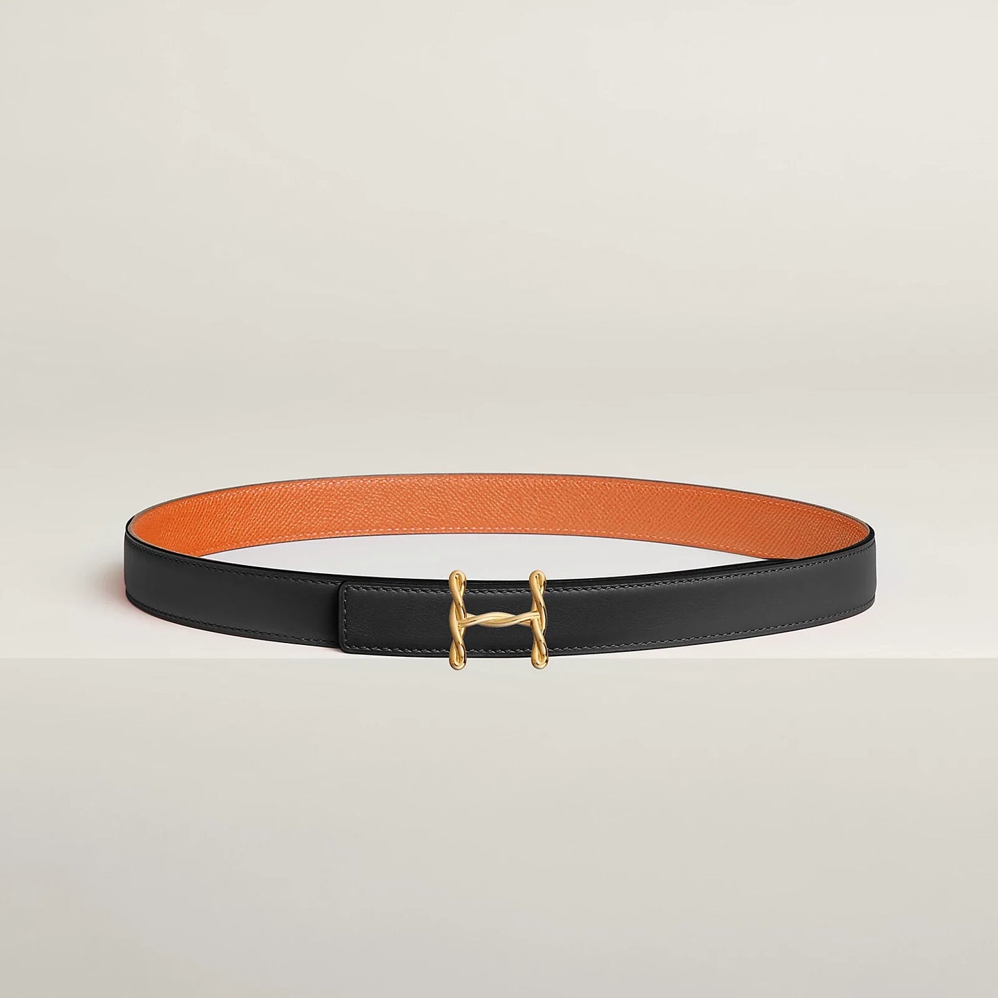 NOIR / GOLD- HAVANE / MAUVE PÂLE  H TORSADE BELT BUCKLE & REVERSIBLE LEATHER STRAP 24 MM