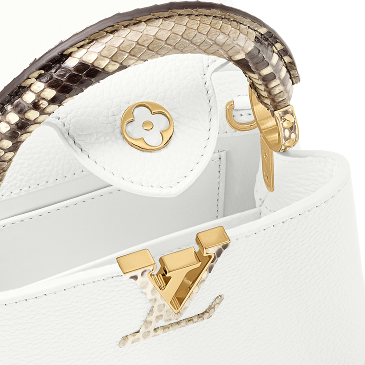 Capucines Mini Taurillon Leather Python Trim Top Handle Bag