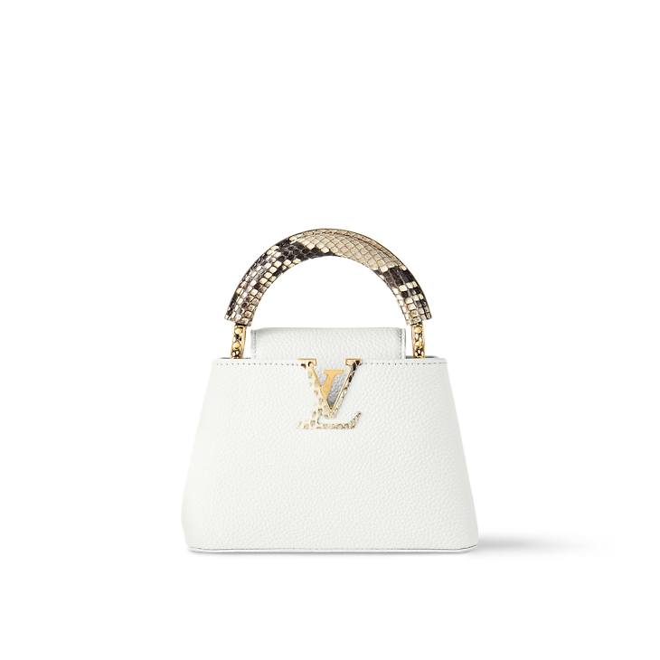 Capucines Mini Taurillon Leather Python Trim Top Handle Bag