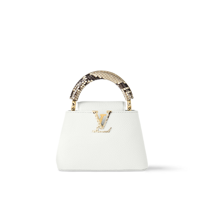 Capucines Mini Taurillon Leather Python Trim Top Handle Bag