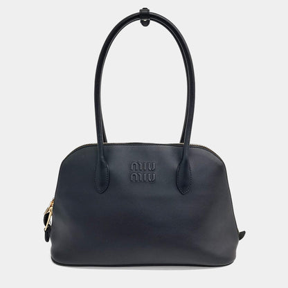 Miu Miu Black Leather Logo Embossed Top Handle Bag