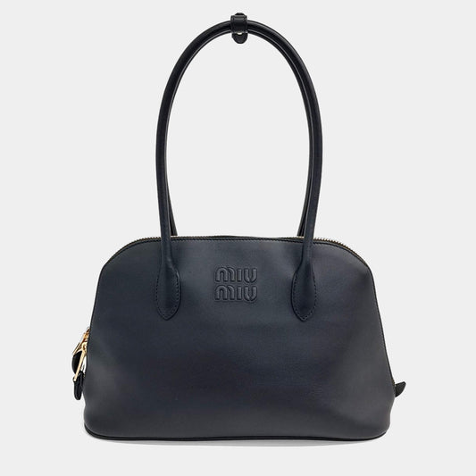 Miu Miu Black Leather Logo Embossed Top Handle Bag