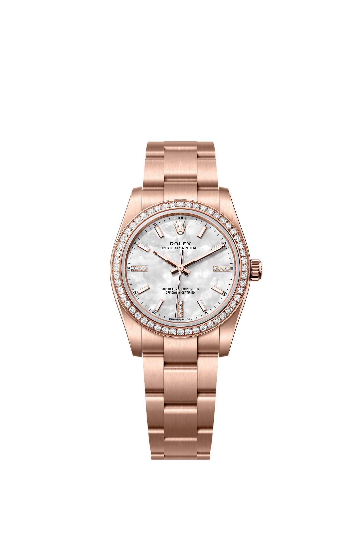 Oyster Perpetual 34 Oyster Chronometer Watch 34mm 18ct Everose Gold White Mother-Of-Pearl Diamond Dial Oyster Bracelet