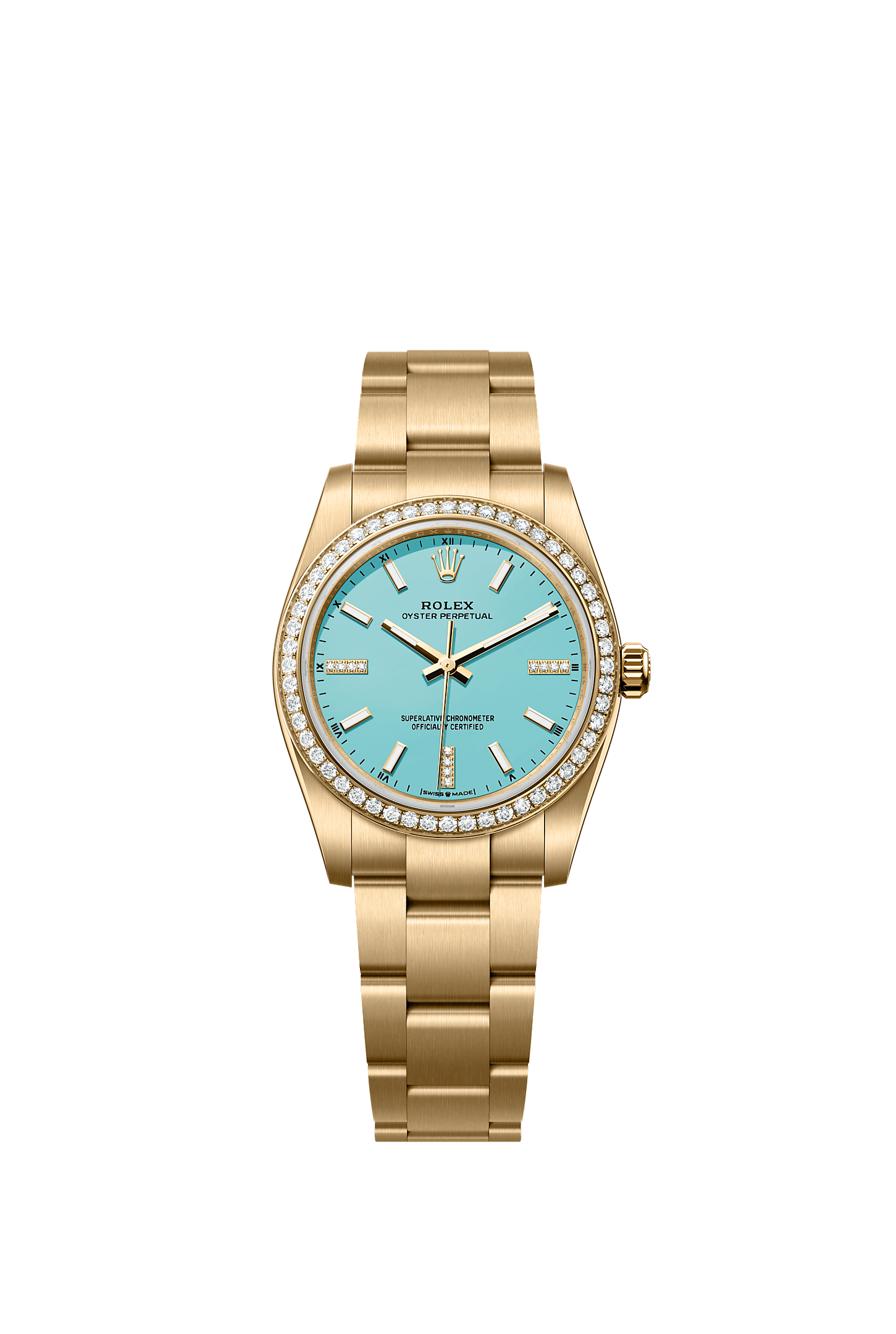 Oyster Perpetual 34 Oyster Chronometer Watch 34mm 18ct Yellow Gold Turquoise Blue Diamond Dial Oyster Bracelet