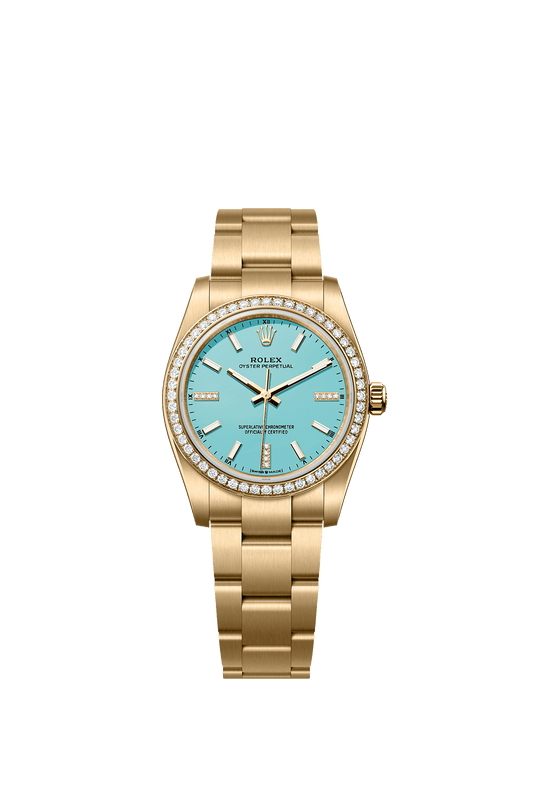 Oyster Perpetual 34 Oyster Chronometer Watch 34mm 18ct Yellow Gold Turquoise Blue Diamond Dial Oyster Bracelet