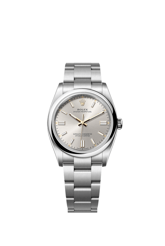 ساعة Oyster Perpetual 36 بقطر 36 مم من فولاذ Oystersteel، ميناء فضي، إطار أملس، وسوار Oyster، ذاتية التعبئة