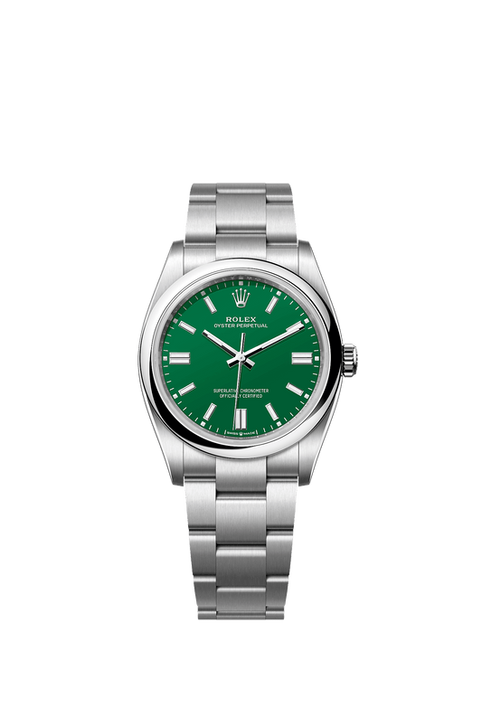 ساعة Oyster Perpetual 36 بقطر 36 مم من فولاذ Oystersteel، ميناء أخضر، إطار أملس، وسوار Oyster، ذاتية التعبئة