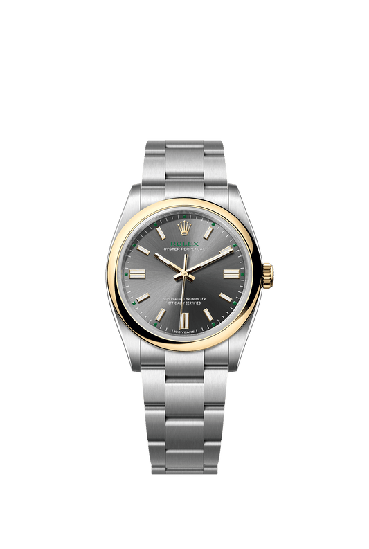 ساعة Oyster Perpetual 36 بقطر 36 مم من الفولاذ Oystersteel والذهب الأصفر، مع ميناء بلون رمادي وسوار Oyster، ذاتية التعبئة
