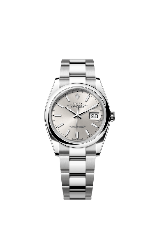 ساعة Datejust 36 بقطر 36 مم من فولاذ Oystersteel، ميناء فضي، إطار أملس، وسوار Oyster، ذاتية التعبئة