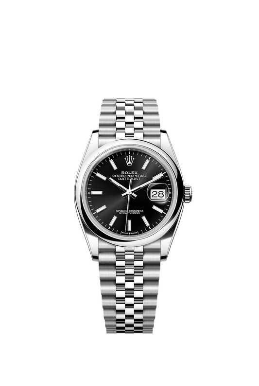 ساعة Datejust 36 مقاس 36 مم من فولاذ Oystersteel، ميناء أسود مشرق بلمسة شمسية، وسوار Jubilee، ذاتية التعبئة