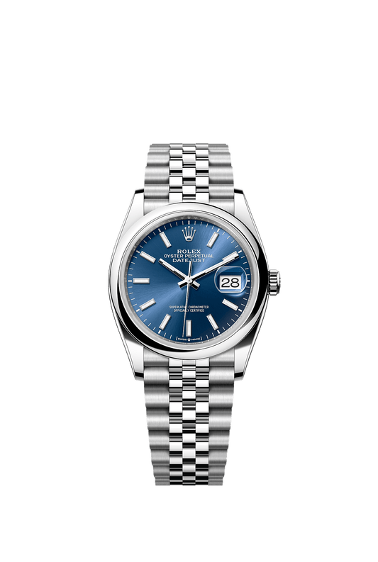 ساعة Datejust 36 مقاس 36 مم من الفولاذ Oystersteel، ميناء أزرق زاهٍ، إطار أملس، وسوار جوبيلي، ذاتية التعبئة