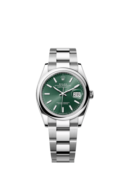ساعة Datejust 36 مقاس 36 مم من الفولاذ Oystersteel، ميناء أخضر فاتح بلمسة أشعة الشمس، وسوار Oyster، ذاتية التعبئة