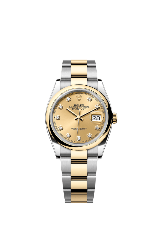 ساعة Datejust 36 بقطر 36 مم من الـ Oystersteel والذهب الأصفر، ميناء بلون الشمبانيا مرصع بالألماس، وسوار Oyster، ذاتية التعبئة