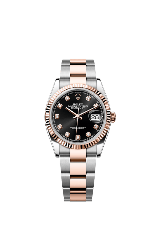 ساعة Datejust 36 بقطر 36 مم من الفولاذ Oystersteel والذهب الوردي Everose، ميناء أسود مرصع بالألماس، وسوار Oyster، ذاتية التعبئة