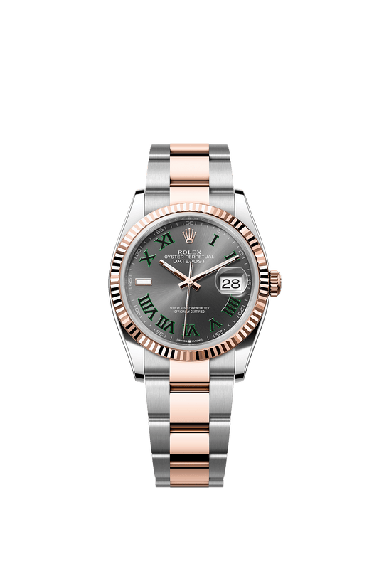 ساعة Datejust 36 بقطر 36 مم من فولاذ Oystersteel وذهب Everose مع ميناء بلون رمادي وسوار Oyster ذاتية التعبئة