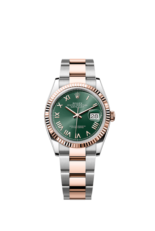 ساعة Datejust 36 بقطر 36 مم من الفولاذ Oystersteel والذهب الوردي Everose، مع ميناء باللون الأخضر النعناعي وسوار Oyster، تعمل بحركة ذاتية التعبئة