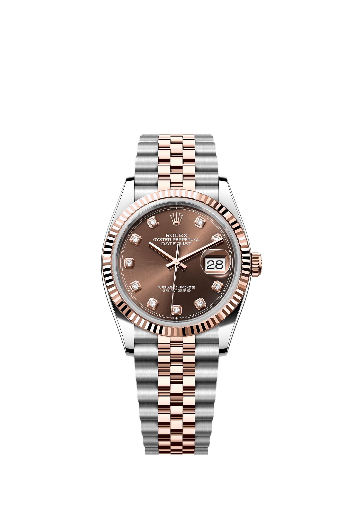 Datejust 36 Oystersteel Everose Gold Chocolate Sunray Diamond Dial Fluted Bezel Jubilee Bracelet 36mm Self-Winding Watch