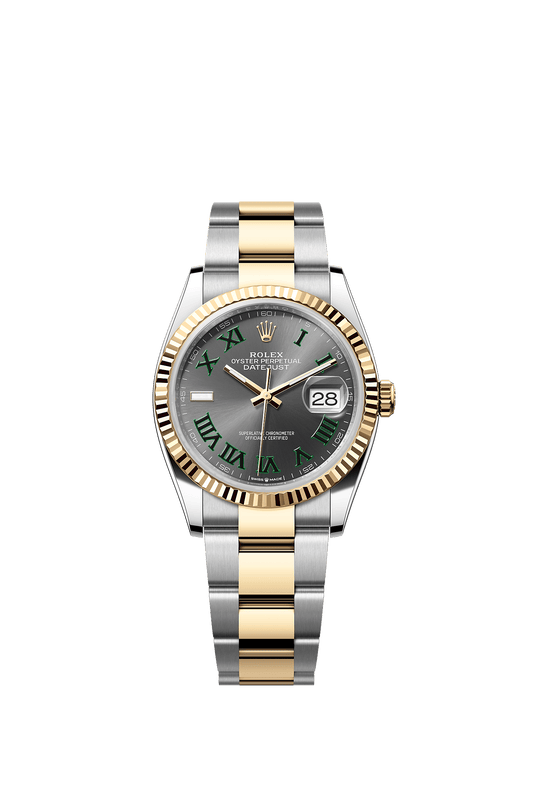 ساعة Datejust 36 بقطر 36 مم من فولاذ Oystersteel والذهب الأصفر، بميناء رمادي وسوار Oyster ذاتية التعبئة