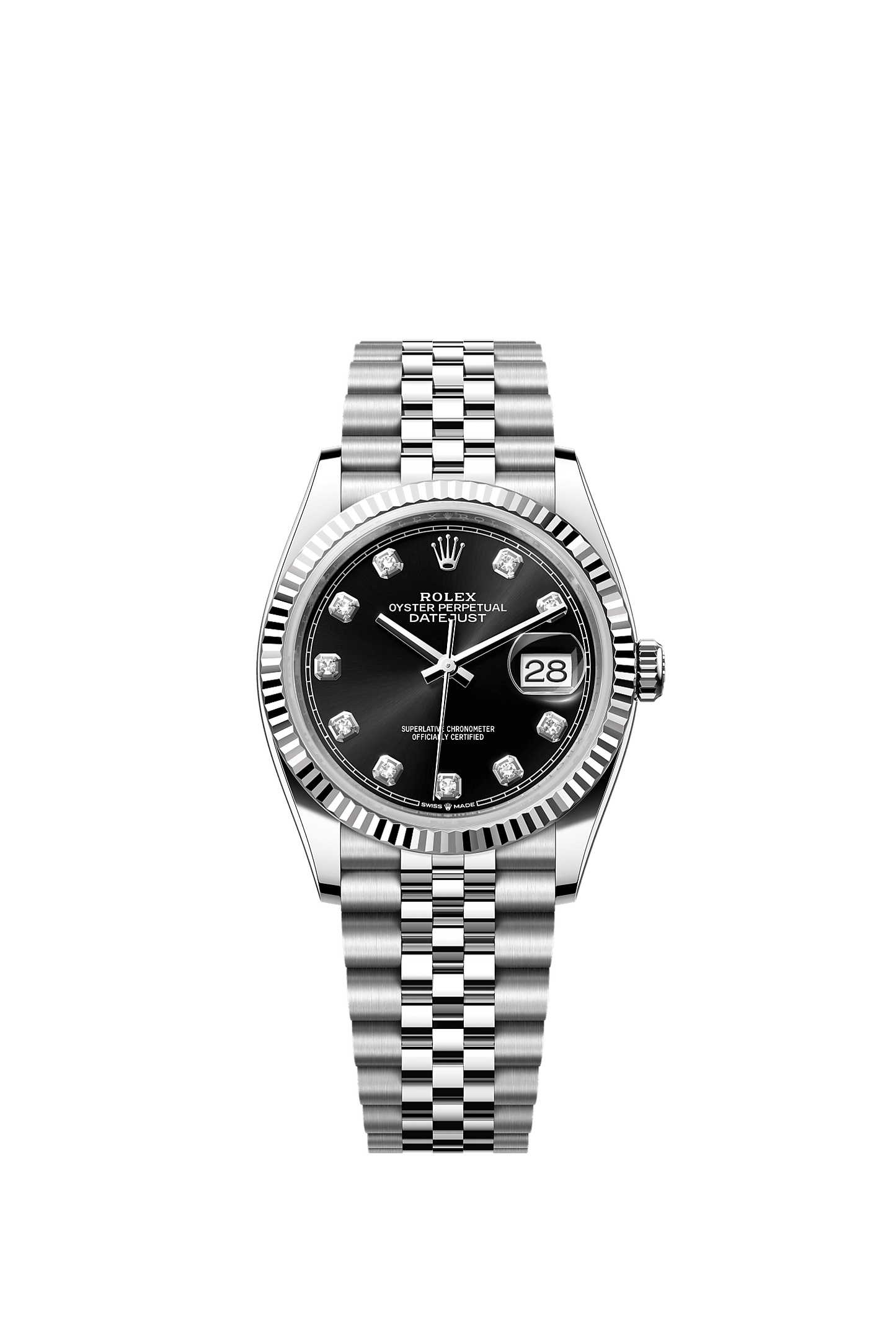 Datejust 36 Oyster Perpetual Chronometer Watch 36mm Oystersteel White Gold Bright Black Diamond Dial Jubilee Bracelet
