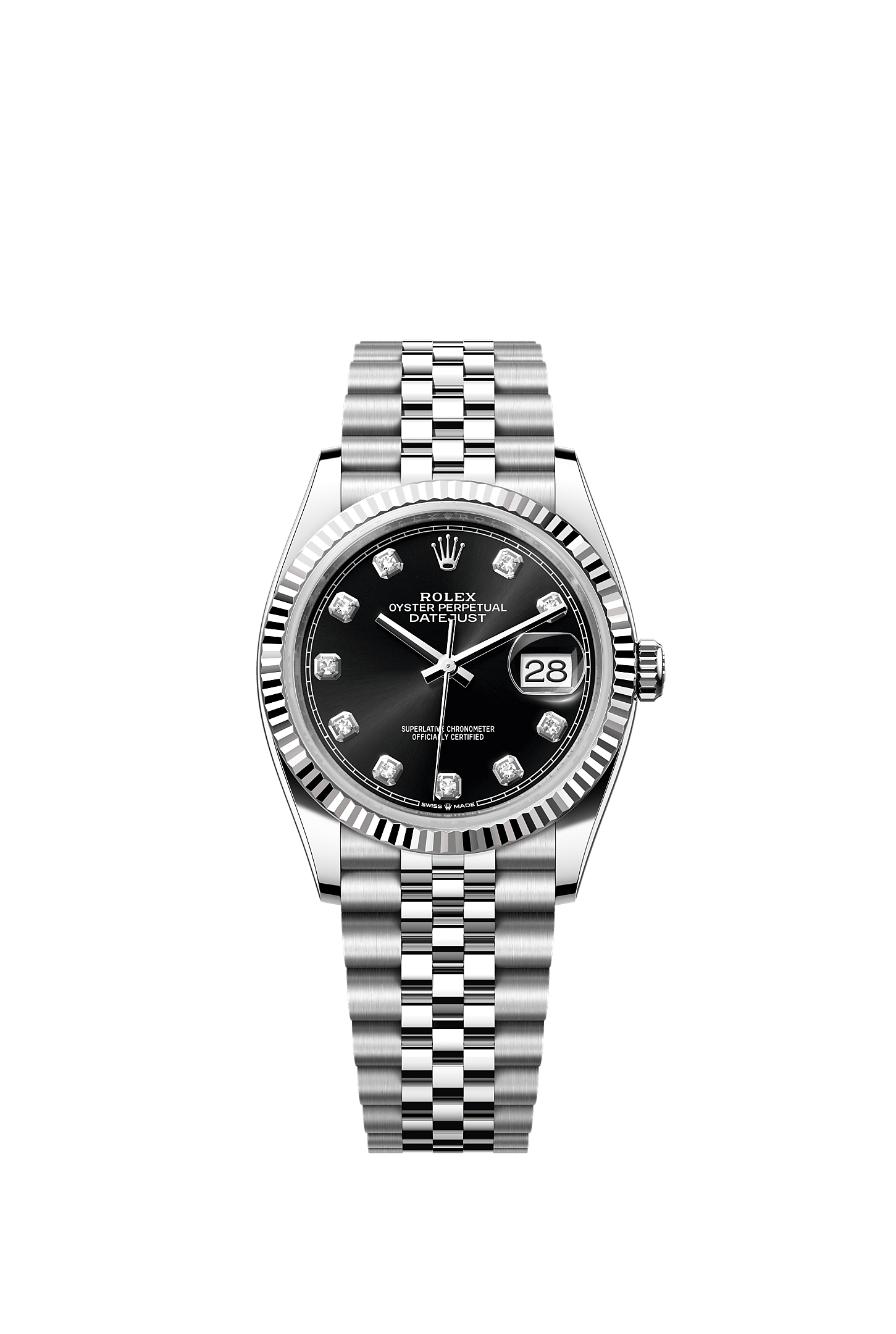 Datejust 36 36mm Oystersteel White Gold Bright Black Diamond Dial Fluted Bezel Jubilee Bracelet Self-Winding Watch