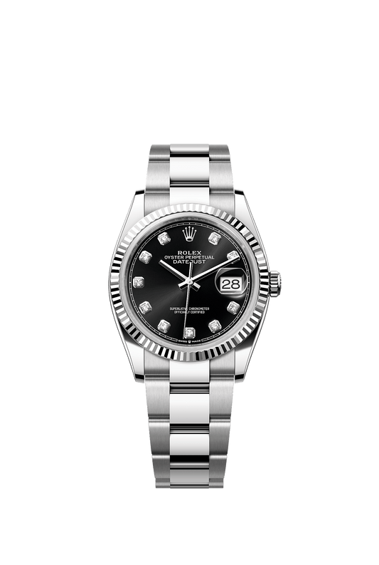 ساعة Datejust 36 بقطر 36 مم من Oystersteel والذهب الأبيض، ميناء أسود براق مرصع بالألماس، إطار مخدد وسوار Oyster، حركة ذاتية التعبئة