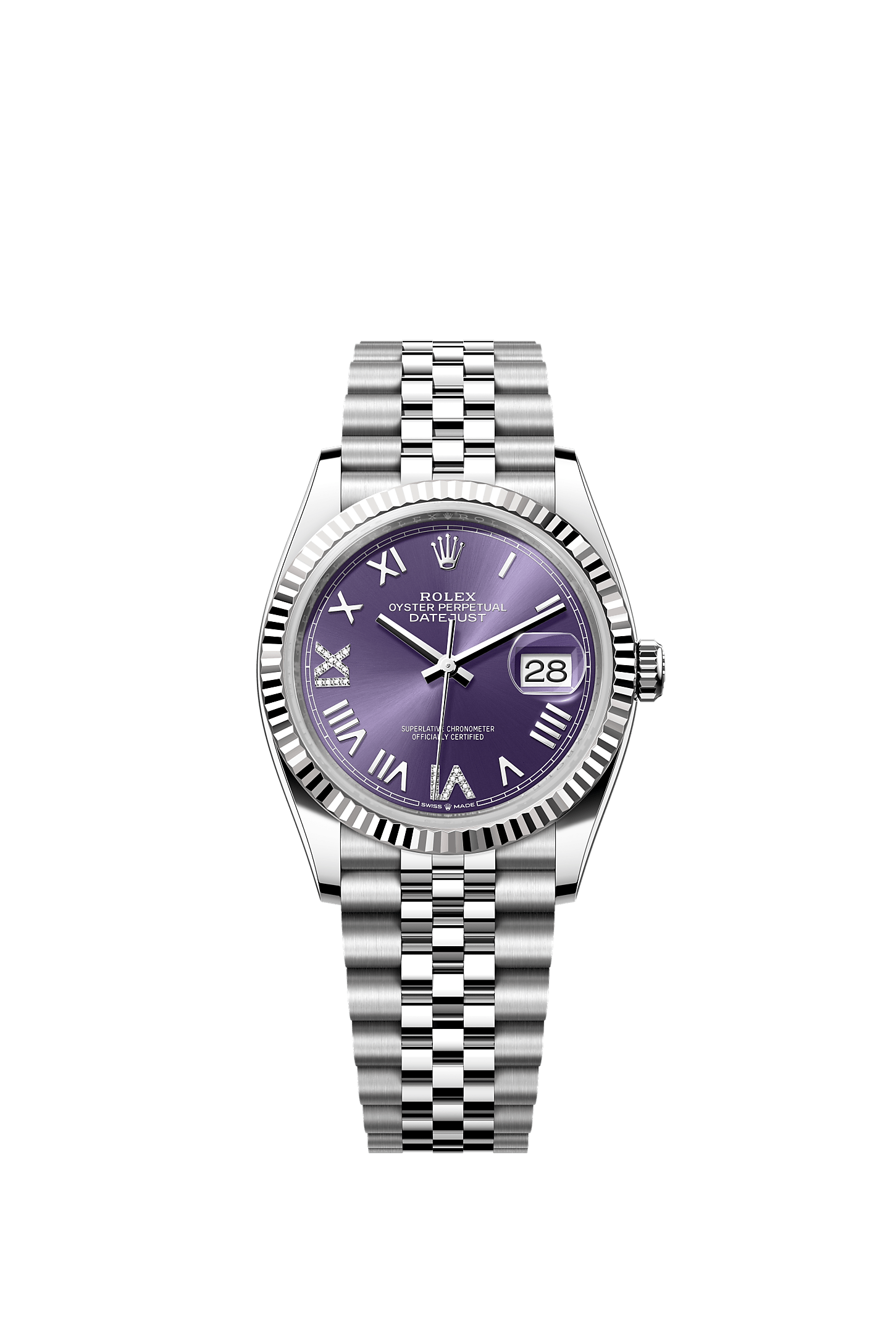Datejust 36 36mm Oystersteel White Gold Aubergine Diamond Dial Fluted Bezel Jubilee Bracelet Self-Winding Watch