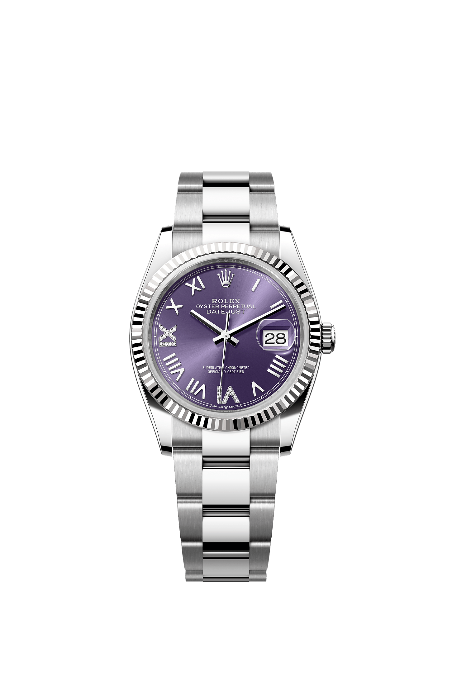 Datejust 36 Oyster Perpetual Chronometer Watch 36mm White Rolesor Aubergine Diamond Dial Oyster Bracelet