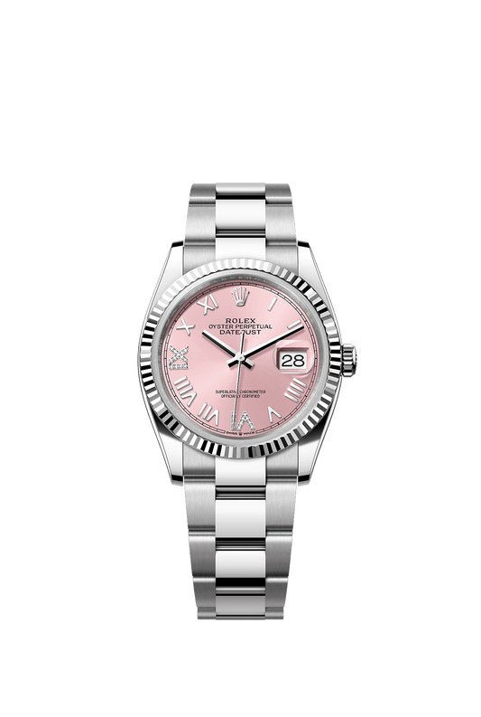 ساعة Datejust 36 بقطر 36 مم من Oystersteel والذهب الأبيض، ميناء وردي مرصع بالألماس، إطار مخدد، وسوار Oyster، ذاتية التعبئة