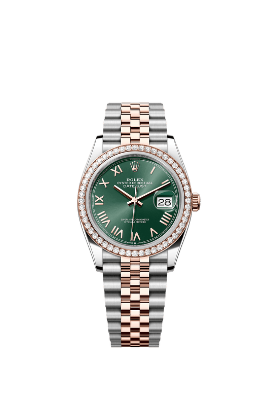 ساعة Datejust 36 بقطر 36 مم من Oystersteel وذهب Everose، ميناء أخضر باللون النعناعي مرصع بالألماس، وسوار Jubilee، ذاتية التعبئة